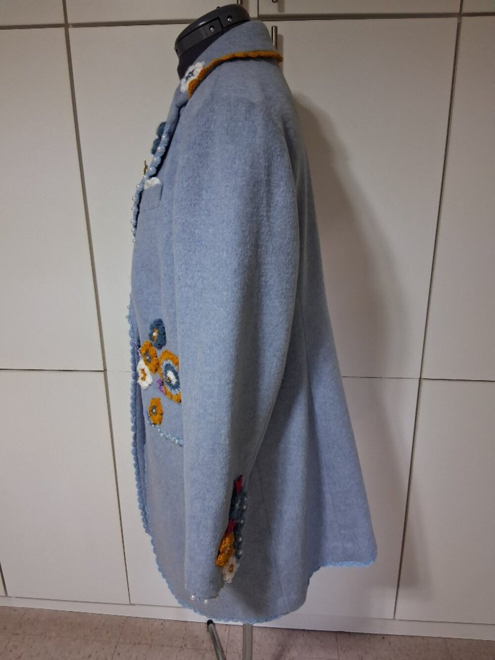 Upcycle Light Blue Crochet Flowers 3/4 Length Coat Size 16 - Picture 11 of 12